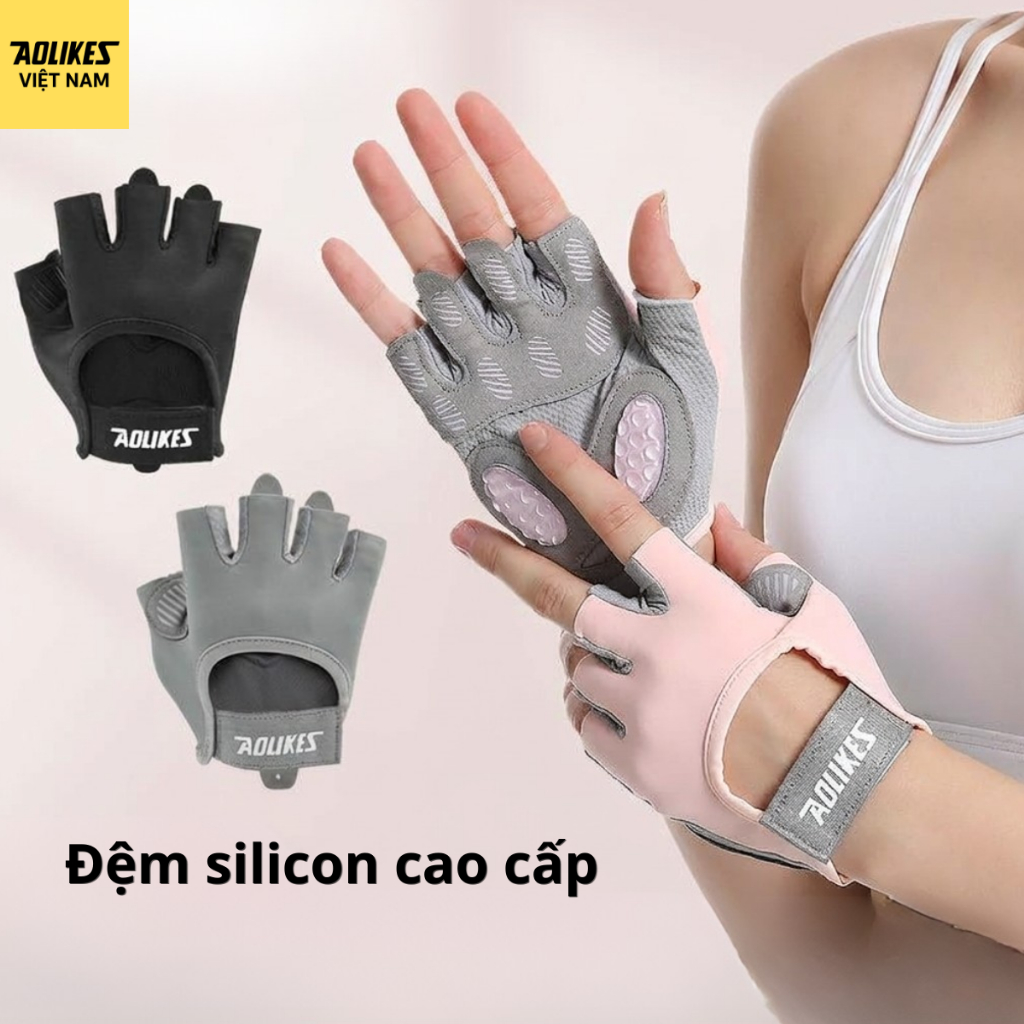 Găng tay Aolikes đệm silicon hở ngón cho tập gym, yoga và đạp xe