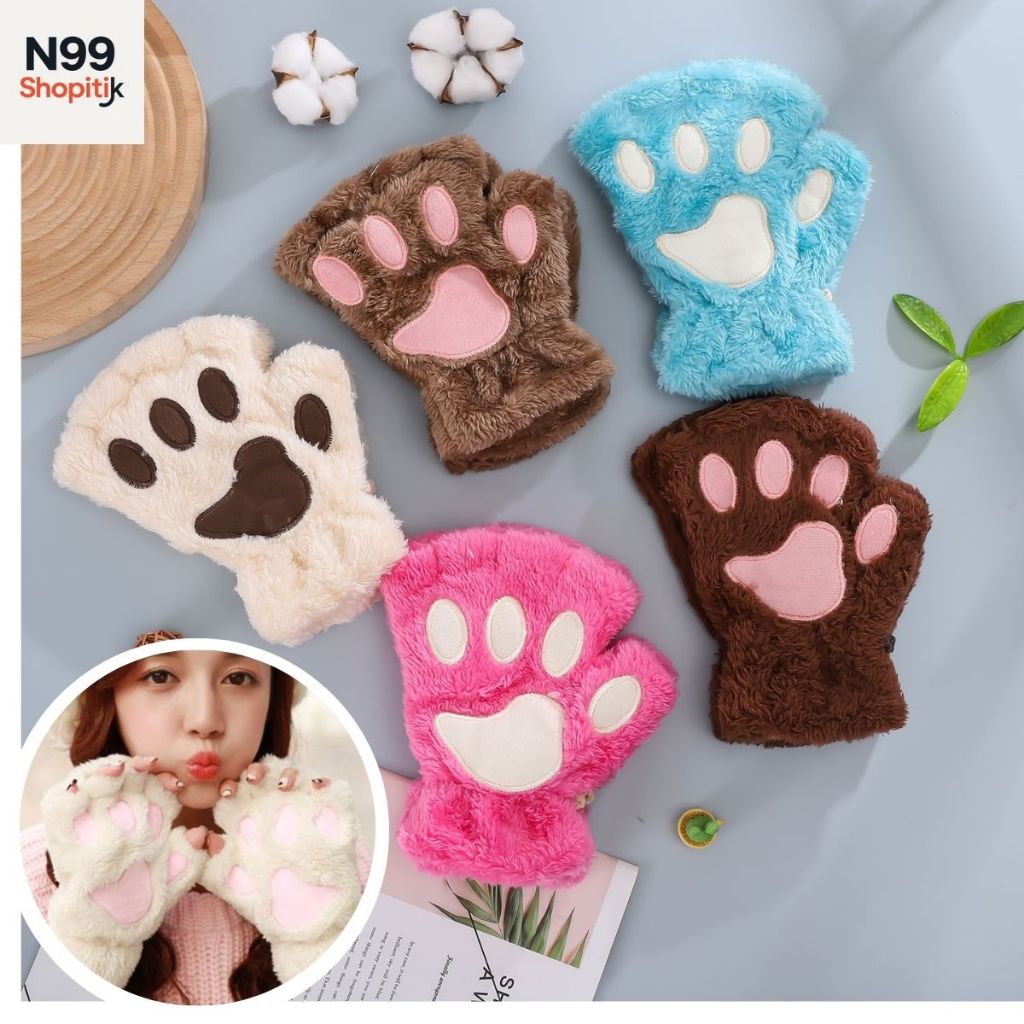 Găng tay hở ngón vải nhung lông hình đệm chân mèo hoặc gấu có dây