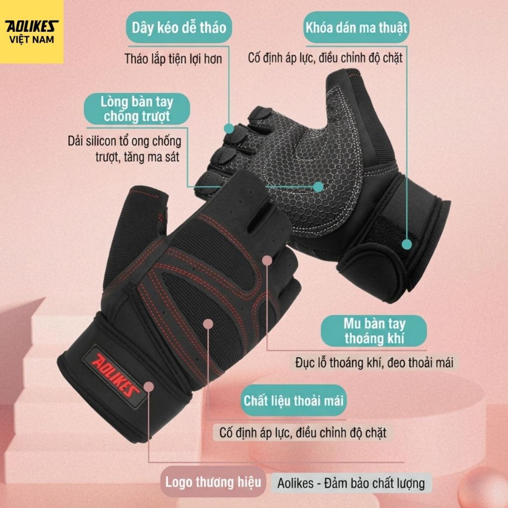 Găng tay tập gym AOLIKES AL109: đệm silicon chống trượt và đai cổ tay