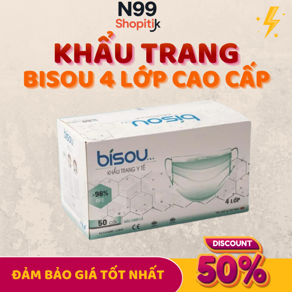 Khẩu trang Bisou y tế 4 lớp hộp 50 cái: cấu tạo, màu sắc và cách chọn