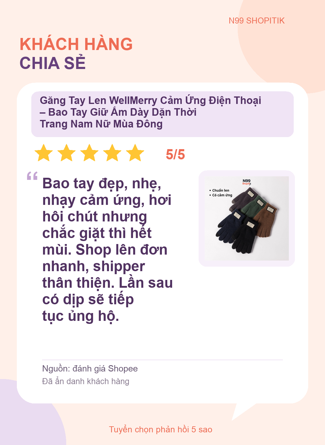 Thẻ trích dẫn đánh giá 5 sao từ Shopee - Găng Tay Len WellMerry Cảm Ứng Điện Thoại – Bao Tay Giữ Ấm Dày Dặn Thời Trang Nam Nữ Mùa Đông
