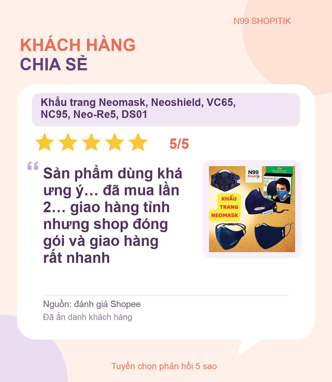 Thẻ trích dẫn đánh giá 5 sao từ Shopee - Khẩu trang Neomask, Neoshield, VC65, NC95, Neo-Re5, DS01