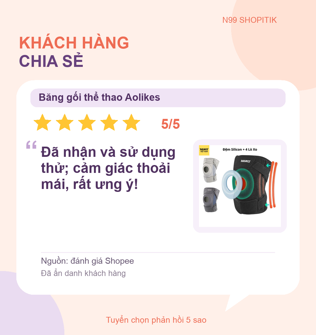 Khách hàng chia sẻ về băng gối thể thao Aolikes — đánh giá Shopee 5 sao, đã ẩn danh